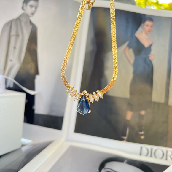 DIOR Water Drop Necklace Gold Plated Christian Dior Jewelry Emerald Cut - Picture 2 of 13